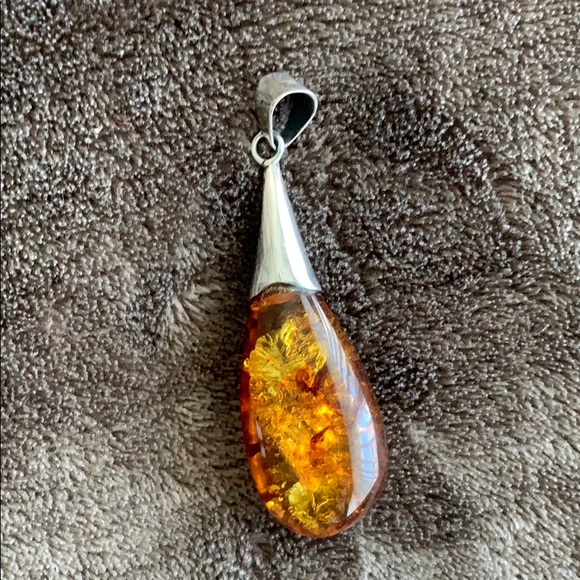 Tear Drop Amber Silver Pendant - Picture 2 of 5